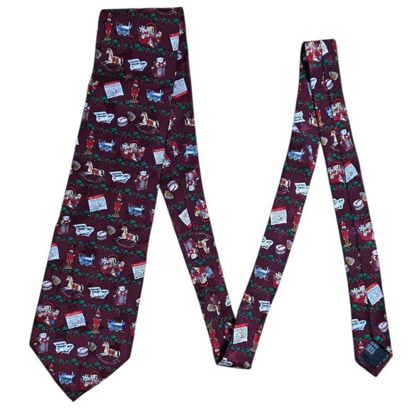 Tango Silk Vintage Toys Christmas Neck Tie Maroon Holly Holiday Party Max Raab - Picture 7 of 8